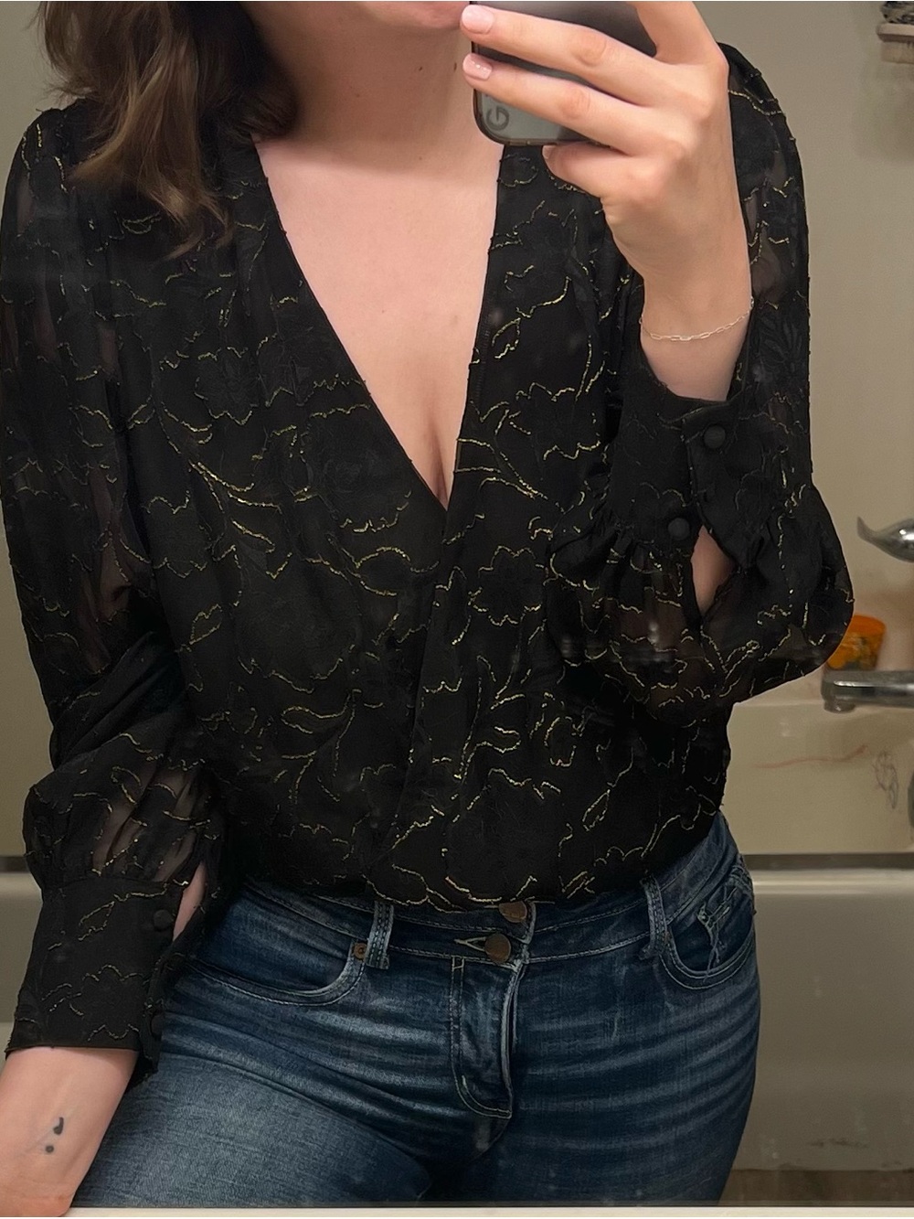 Buckle Black Lace Long-Sleeve Surplice Bodysuit